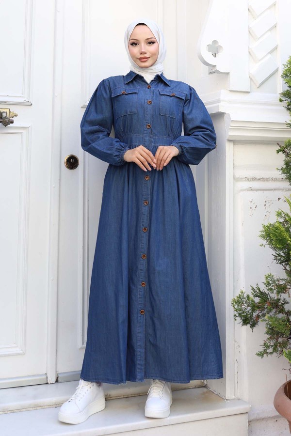 Düğme Detaylı Kot Elbise Lacivert 6776