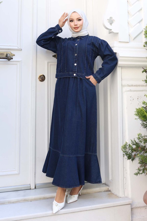 Düğmeli Ceketli Etekli Kot Takım Lacivert 2105 Düğmeli Ceketli Etekli Kot Takım Lacivert 2105