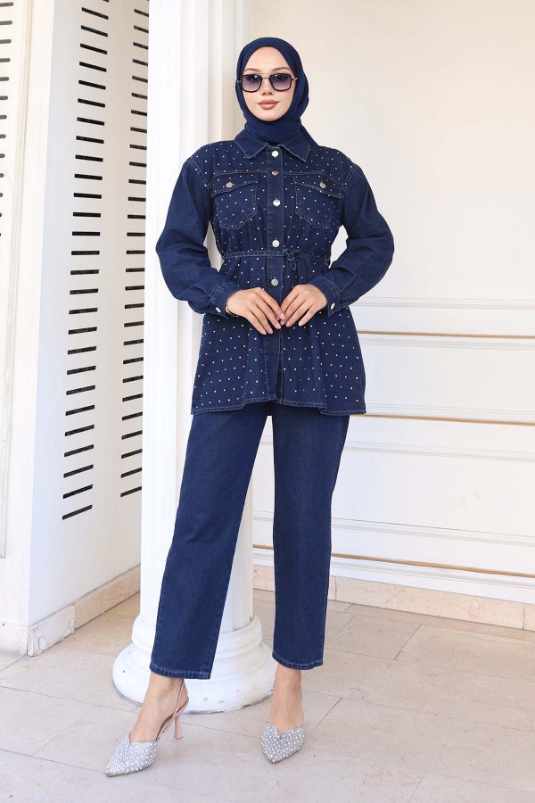 Taş Detaylı Bağlamalı Takım Lacivert 373