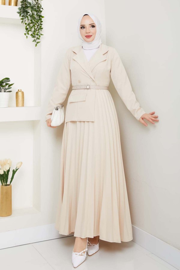 Piliseli Elbise Taş Rengi 4747