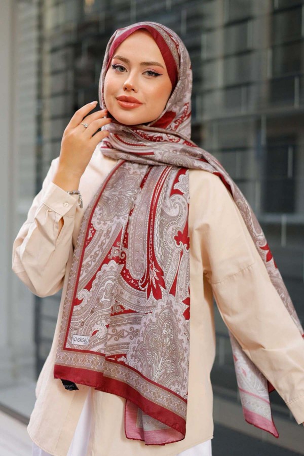 Etnik Desenli Pamuk Şal Bordo İpk100