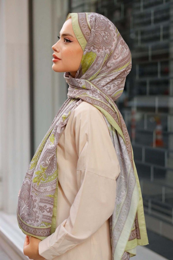 Etnik Desenli Pamuk Şal Fıstık Yeşili İpk100