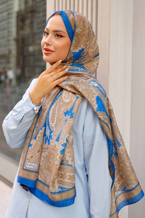 Etnik Desenli Pamuk Şal Mavi İpk100
