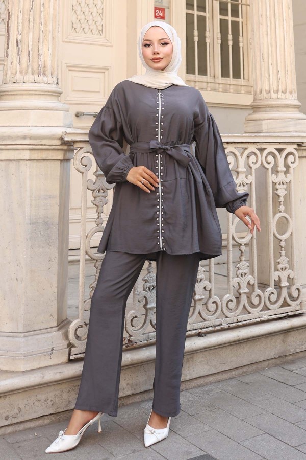 Taş Detaylı İkili Takım Antrasit 4877