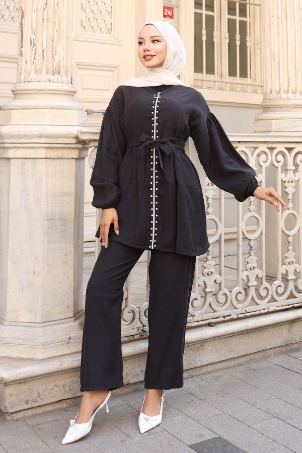 Taş Detaylı İkili Takım Siyah 4877