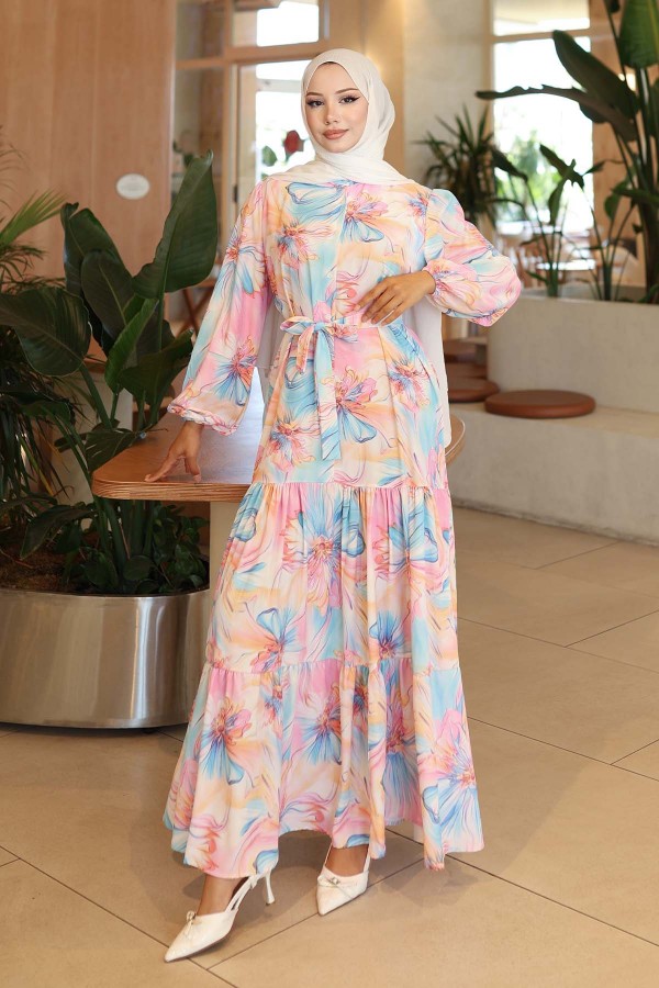 Desenli Tesettür Elbise Hardal 560