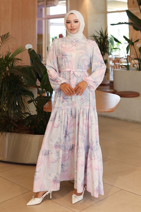 Desenli Tesettür Elbise Pembe 560