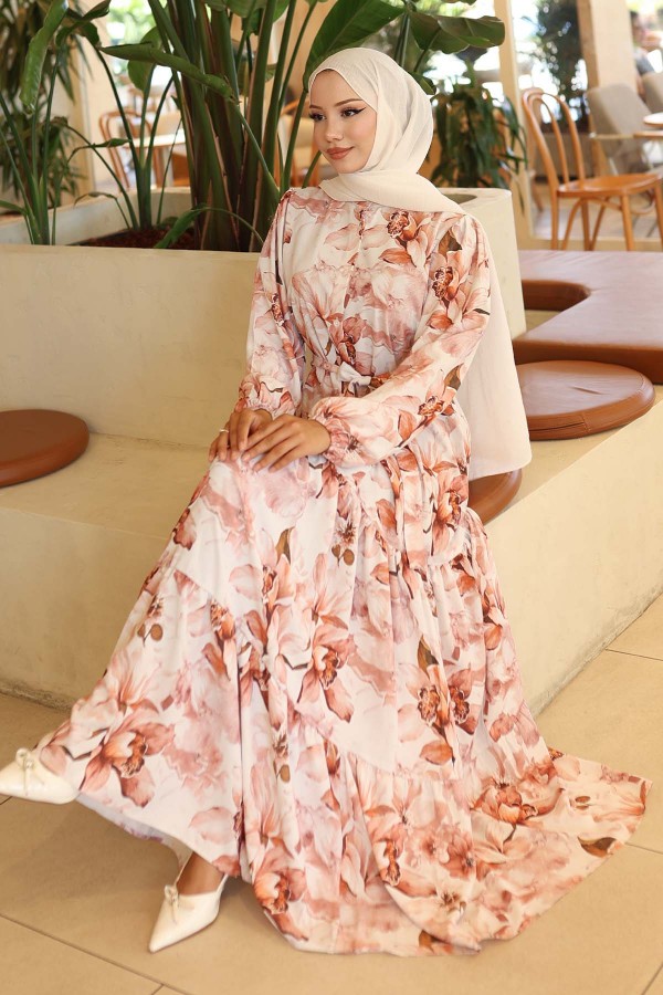 Desenli Tesettür Elbise Kiremit 561
