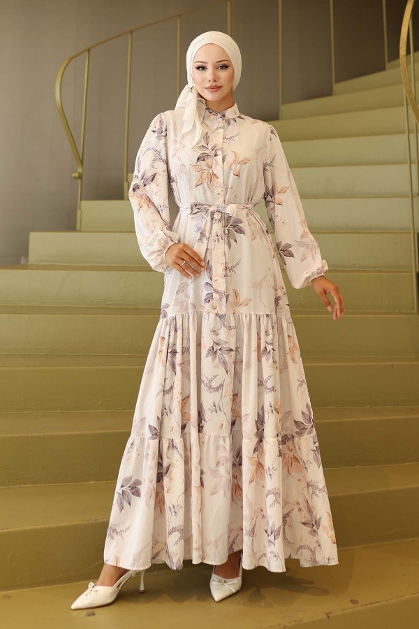 Desenli Tesettür Elbise Bej 562