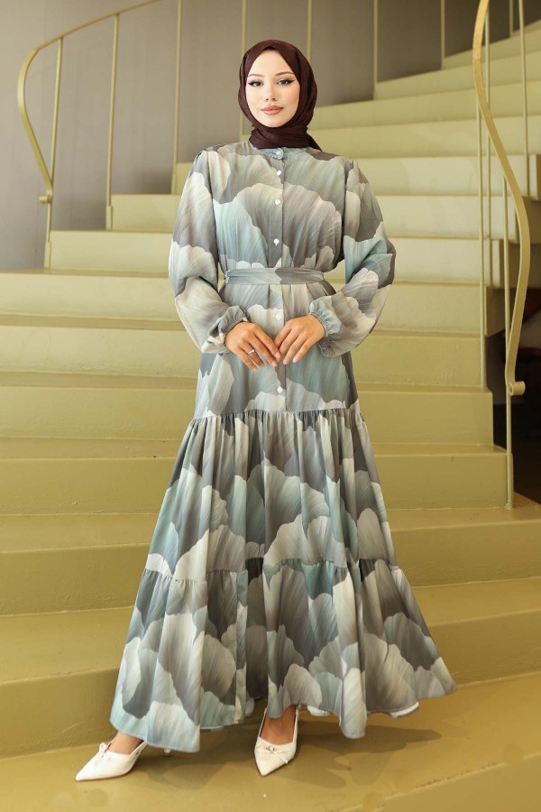 Desenli Tesettür Elbise Yeşil 563