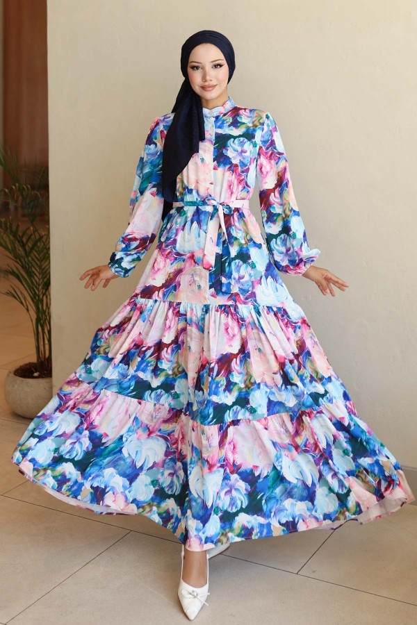 Desenli Tesettür Elbise Saks Mavisi 564