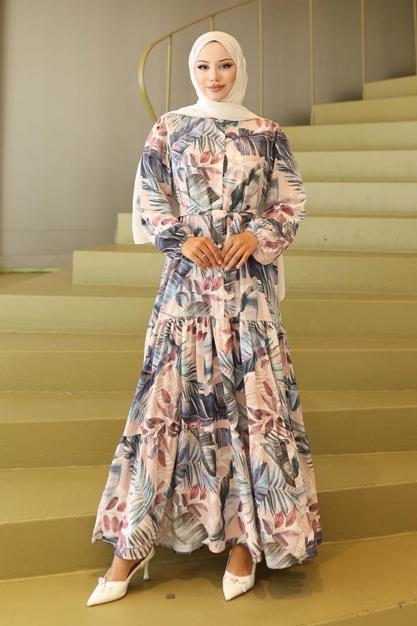 Desenli Tesettür Elbise Pudra 565