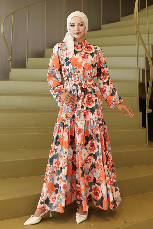 Desenli Tesettür Elbise Oranj 566