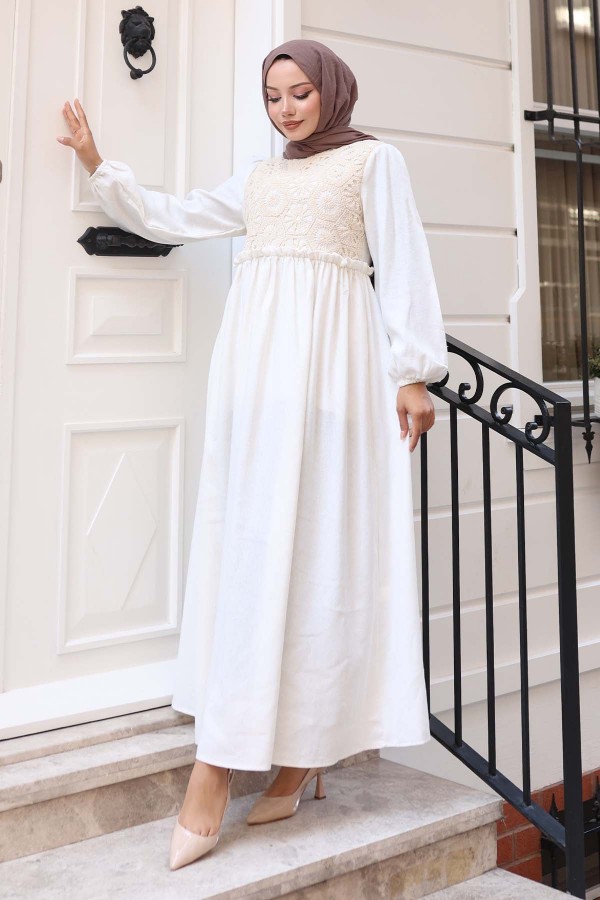 Dantel Detaylı Keten Tesettür Elbise Taş Rengi 8787-1