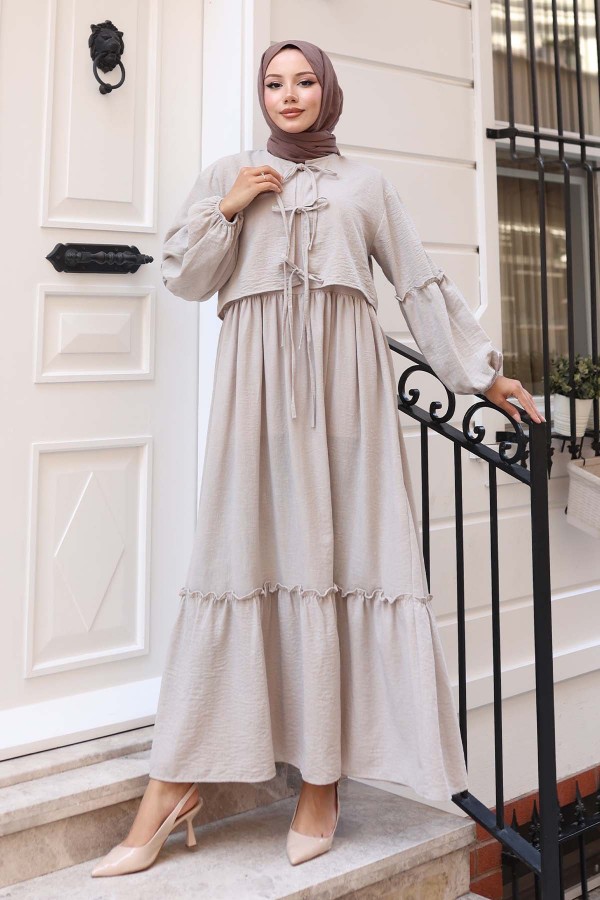 Fiyonk Detaylı Elbise Takım Bej 2271 Fiyonk Detaylı Elbise Takım Bej 2271