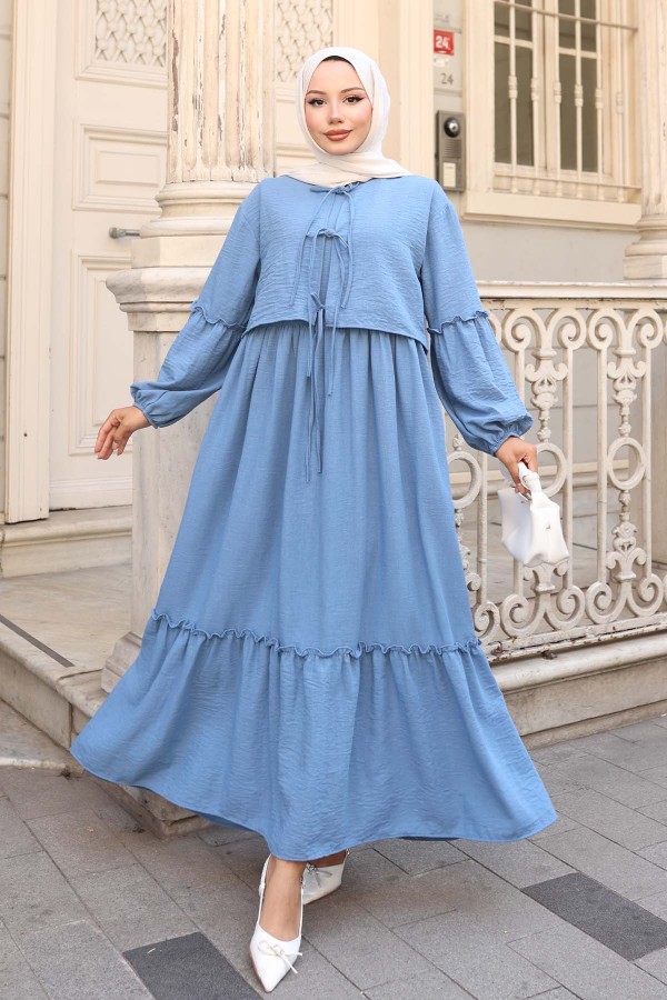Fiyonk Detaylı Elbise Takım Mavi 2271
