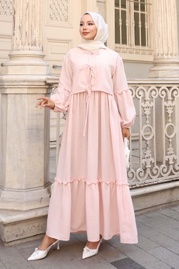 Fiyonk Detaylı Elbise Takım Pudra 2271