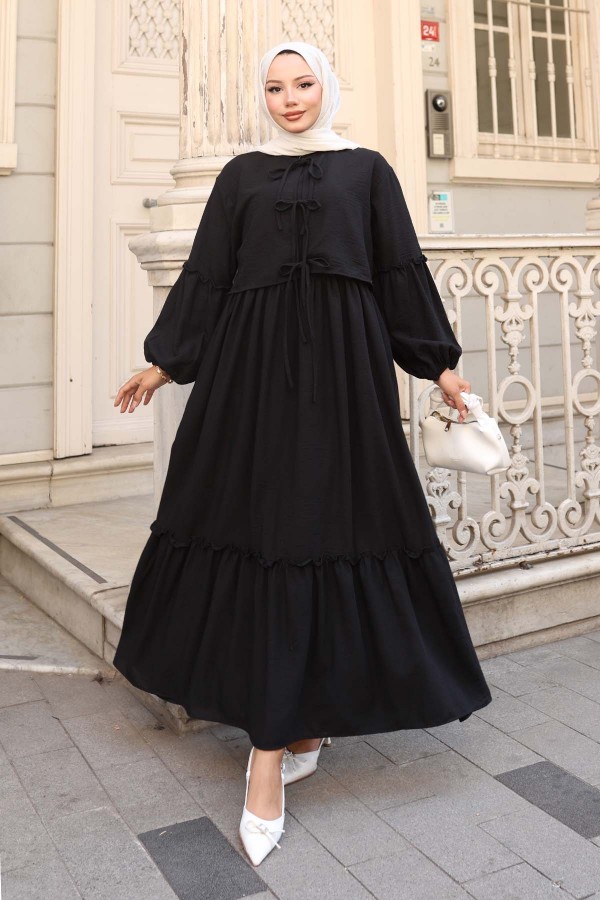 Fiyonk Detaylı Elbise Takım Siyah 2271