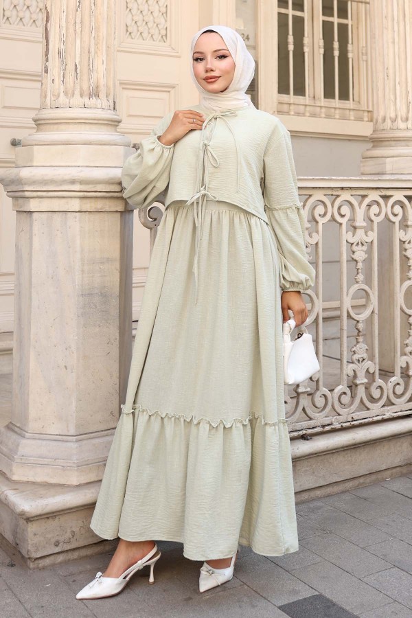 Fiyonk Detaylı Elbise Takım Su Yeşili 2271