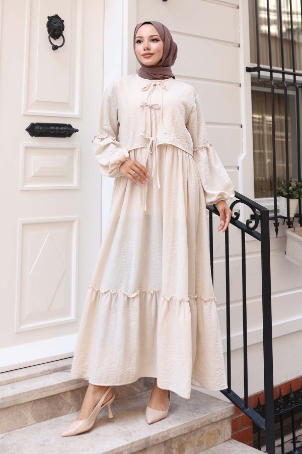 Fiyonk Detaylı Elbise Takım Taş Rengi 2271