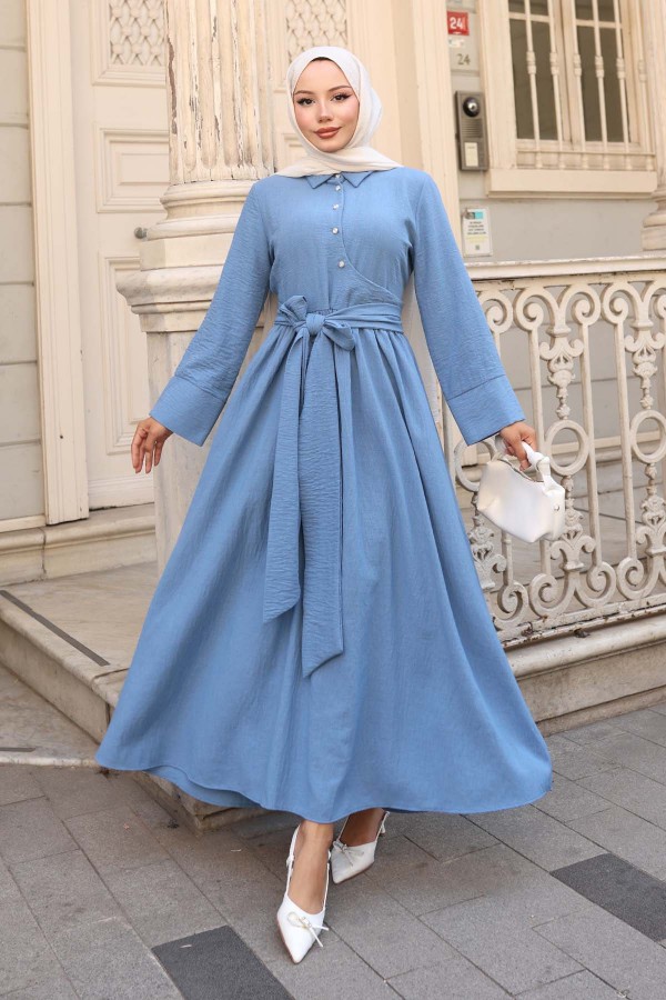 Beli Bağlamalı Tesettür Elbise Mavi 2304 Beli Bağlamalı Tesettür Elbise Mavi 2304