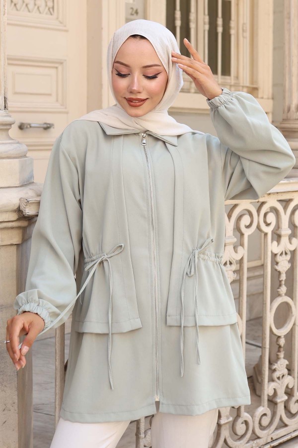 Beli Büzgülü Fermuarlı Kısa Kap Mint Yeşili 3243