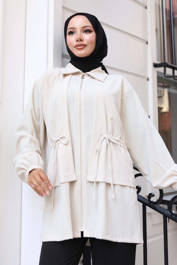 Beli Büzgülü Fermuarlı Kısa Kap Taş Rengi 3243