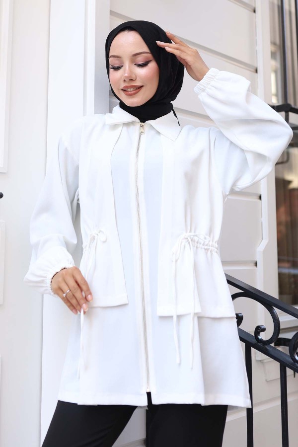 Beli Büzgülü Fermuarlı Kısa Kap Beyaz 3243