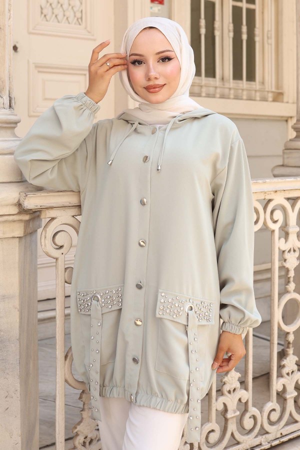 Cepleri Taş Detaylı Düğmeli Kısa Kap Mint Yeşili 3241 Cepleri Taş Detaylı Düğmeli Kısa Kap Mint Yeşili 3241