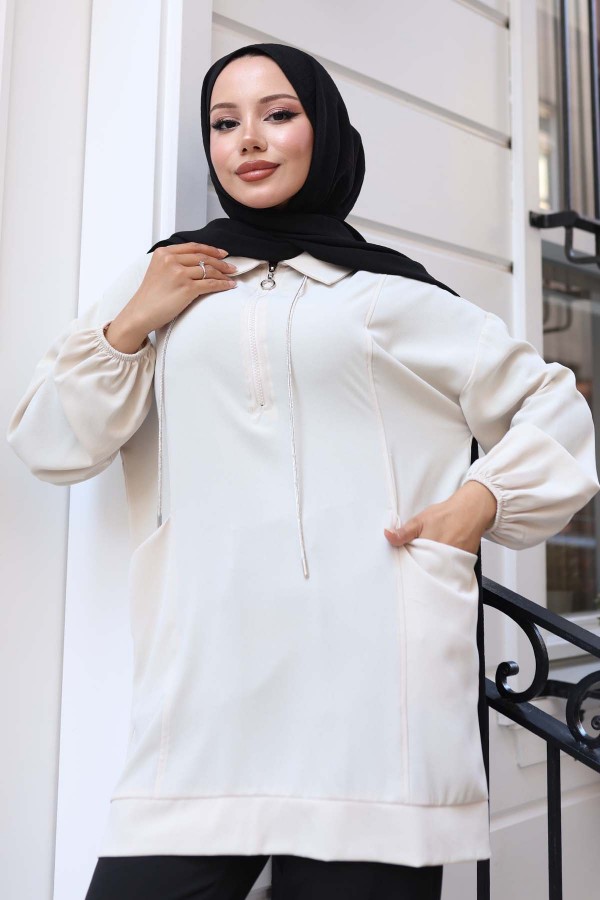 İp Detaylı Yarım Fermuarlı Tesettür Tunik Taş Rengi 3190 İp Detaylı Yarım Fermuarlı Tesettür Tunik Taş Rengi 3190