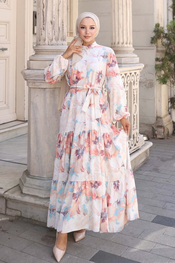 Desenli Tesettür Elbise Bej 567