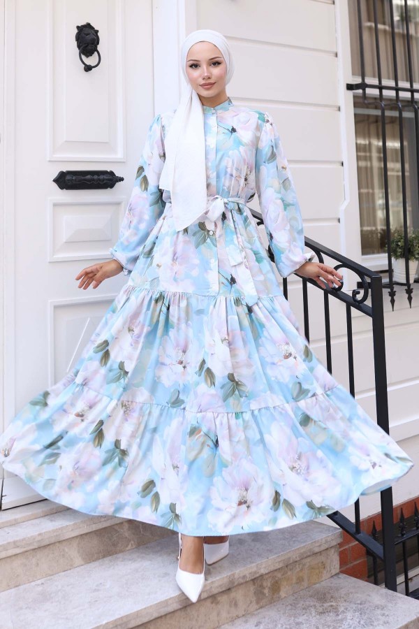 Desenli Tesettür Elbise Mavi 567