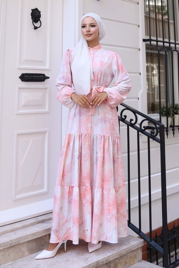 Desenli Tesettür Elbise Pudra 567