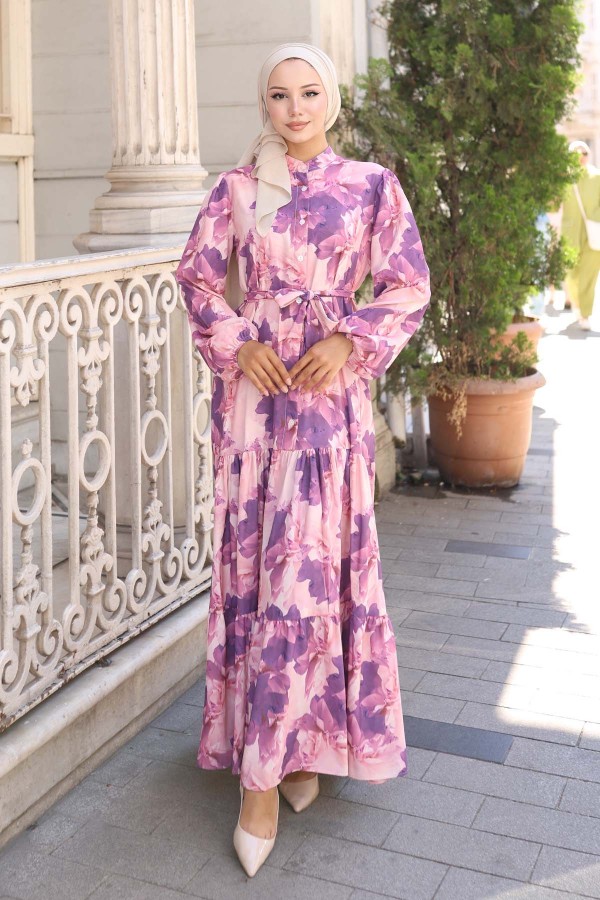 Desenli Tesettür Elbise Mor 568