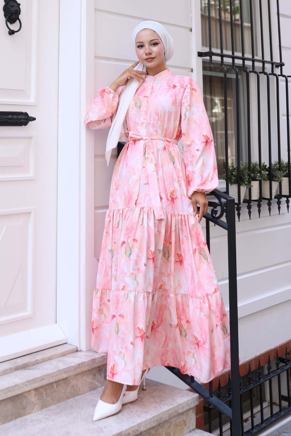 Desenli Tesettür Elbise Pembe 568