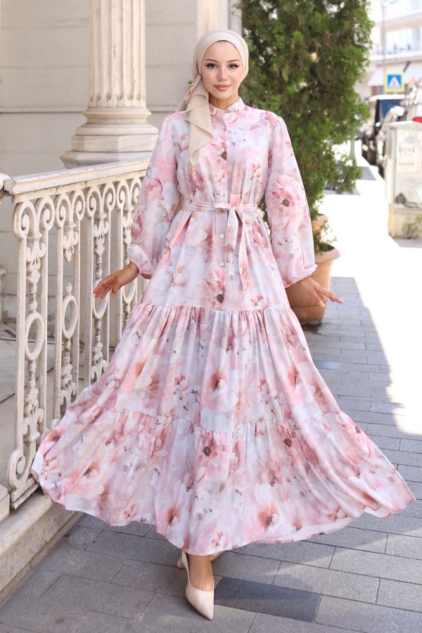 Desenli Tesettür Elbise Pudra 568