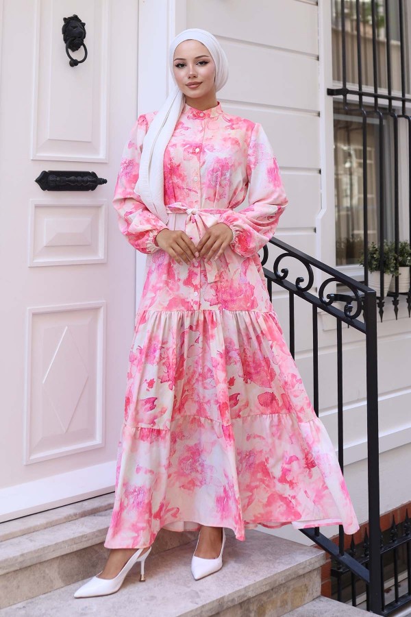 Desenli Tesettür Elbise Pembe 570