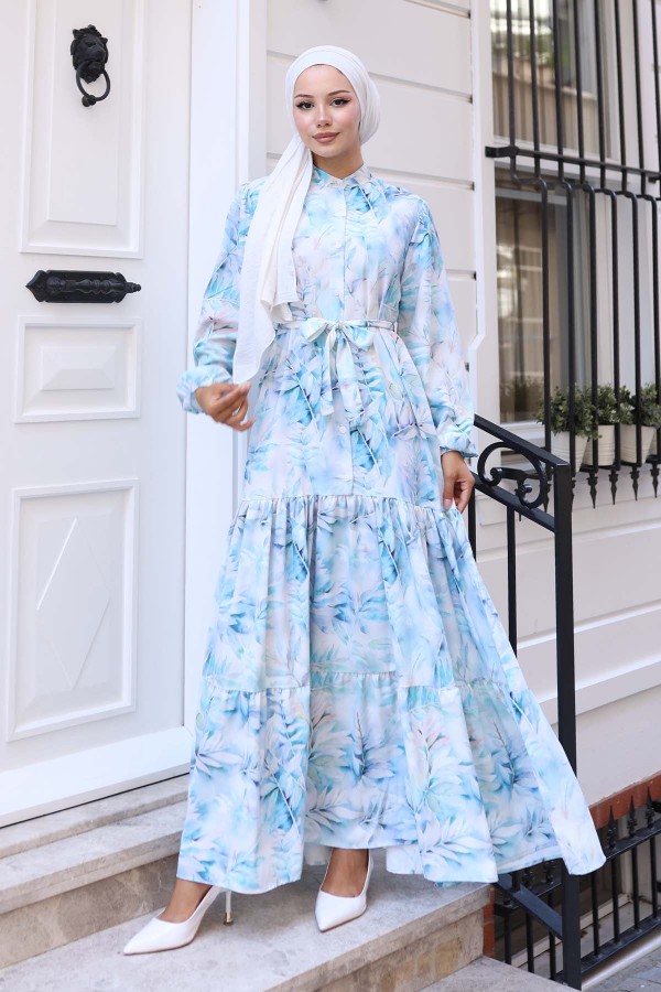 Desenli Tesettür Elbise Mavi 571