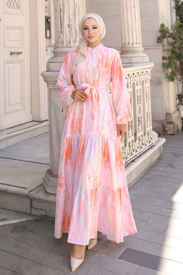 Desenli Tesettür Elbise Oranj 574