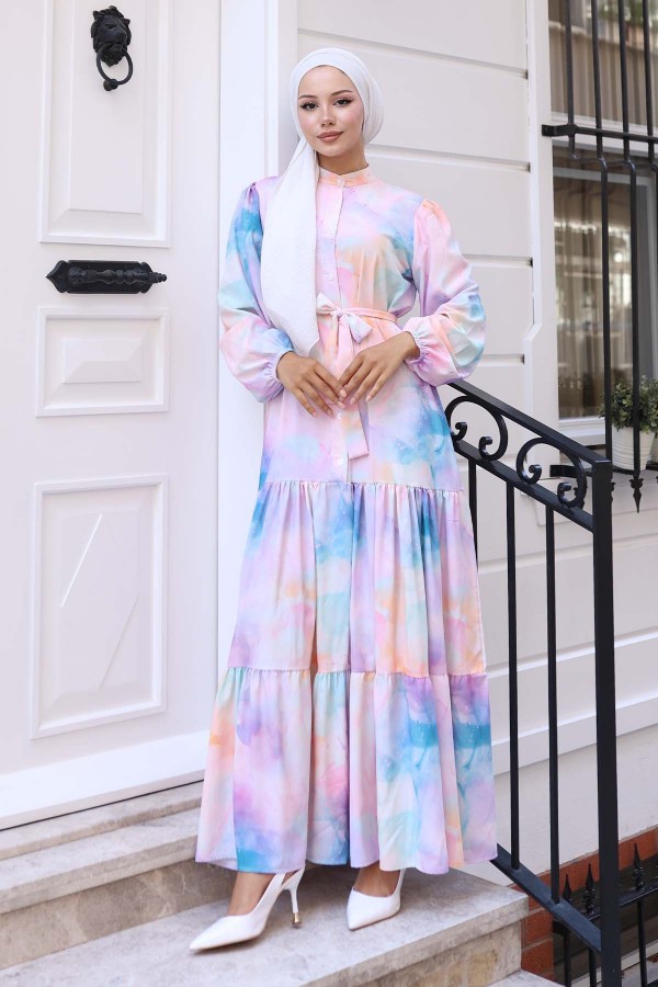 Desenli Tesettür Elbise Pudra 574