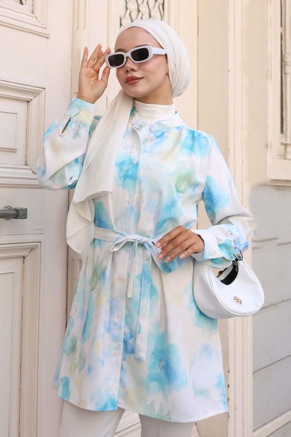 Desenli Tesettür Gömlek Su Yeşili 700