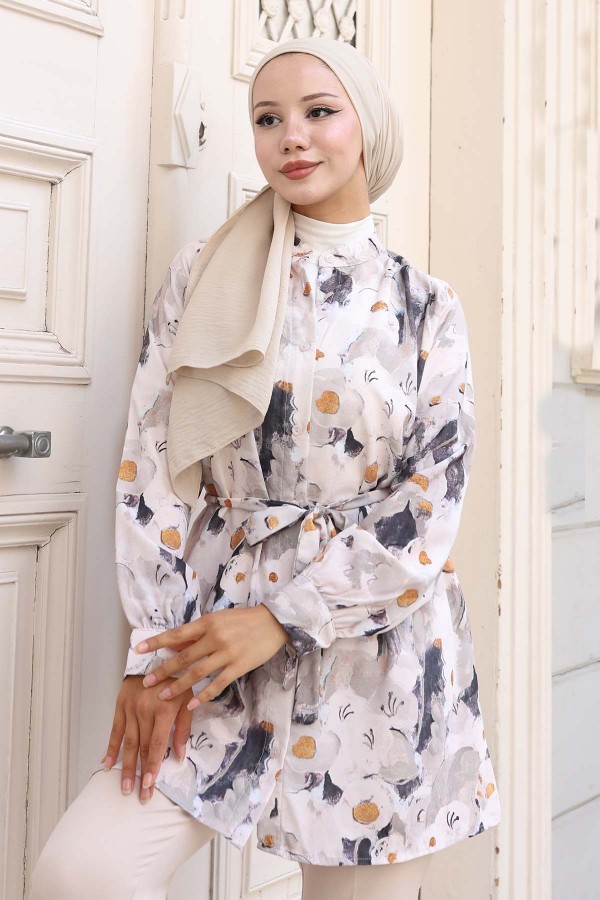 Desenli Tesettür Gömlek Vizon 702