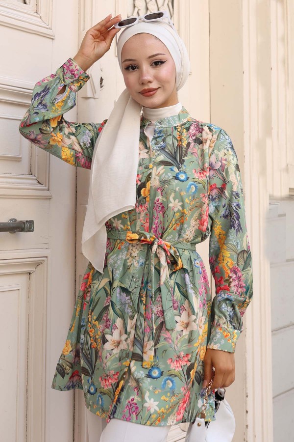 Desenli Tesettür Gömlek Yeşil 703