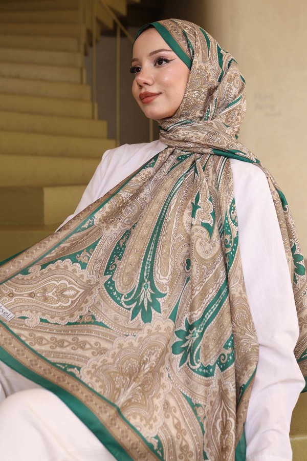 Etnik Desenli Pamuk Şal Zümrüt-Bej İpk100