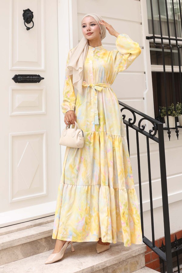 Desenli Tesettür Elbise Sarı 579