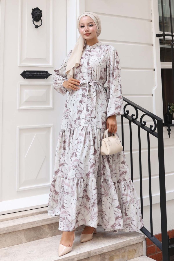 Desenli Tesettür Elbise Vizon 580