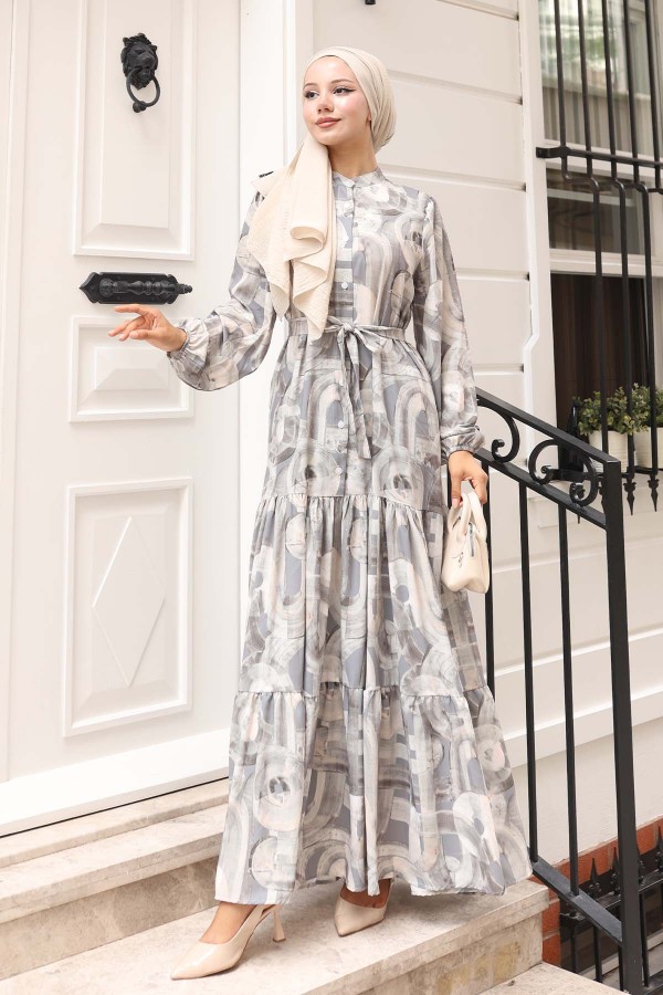 Desenli Tesettür Elbise Haki 582