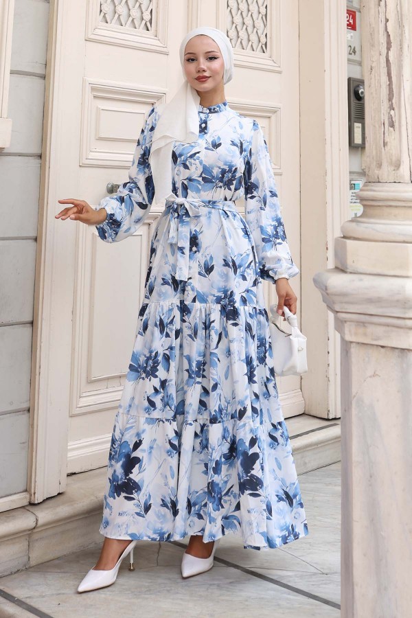 Desenli Tesettür Elbise Lacivert 582