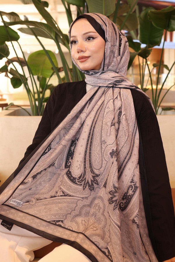 Etnik Desenli Pamuk Şal Siyah-Bej İpk100 Etnik Desenli Pamuk Şal Siyah-Bej İpk100