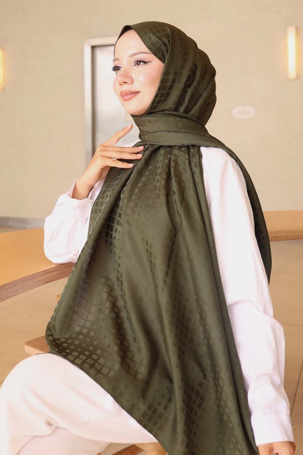 Desenli Jakarlı Şal Haki İpk107 Desenli Jakarlı Şal Haki İpk107